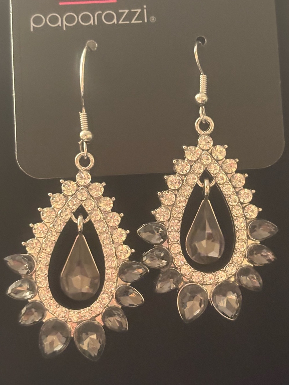 paparazzi Silver Tone Smoky Teardrop Crystal Dangle Earrings